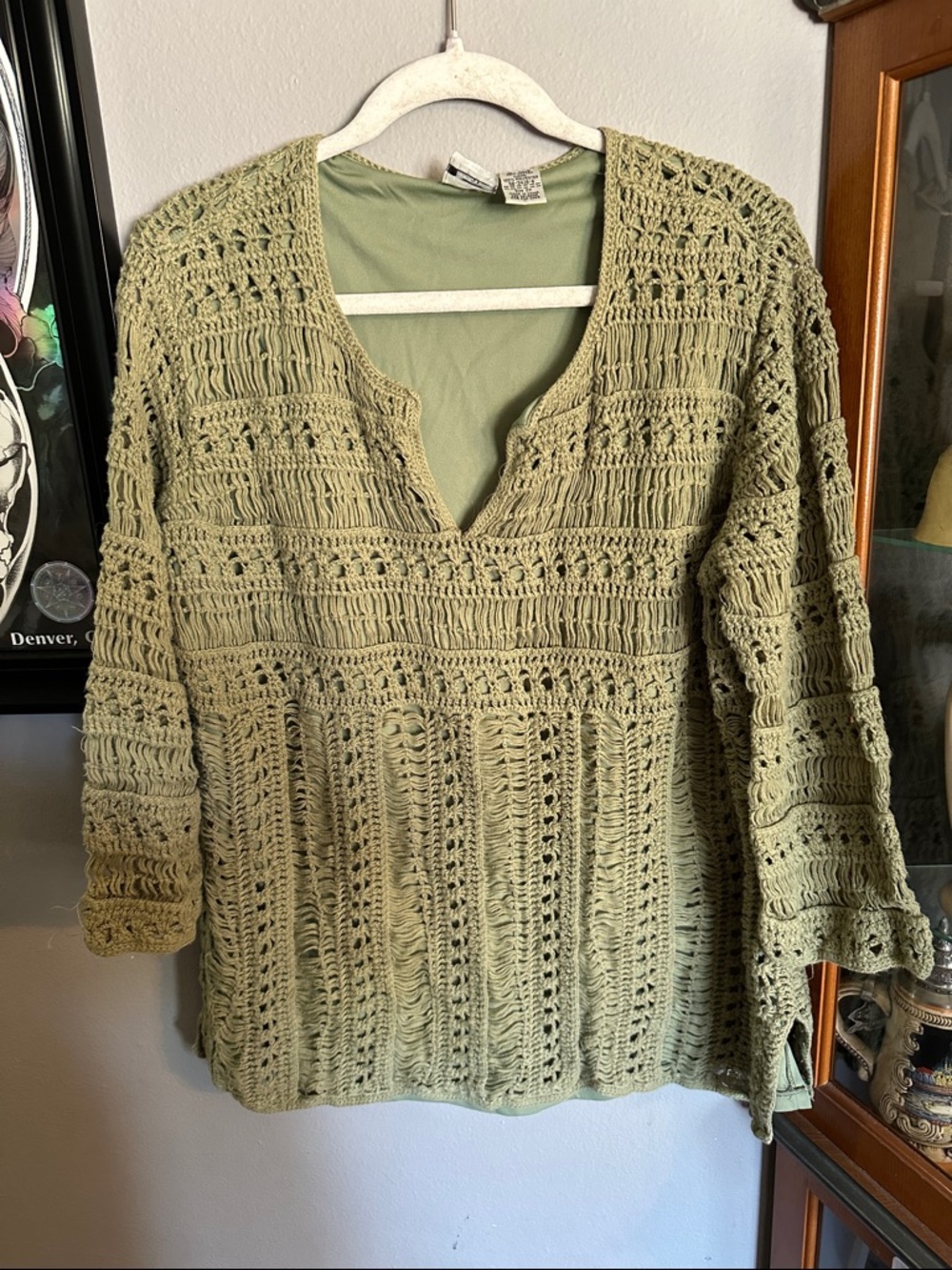 Roaman's Olive Green Crochet Knit Sweater